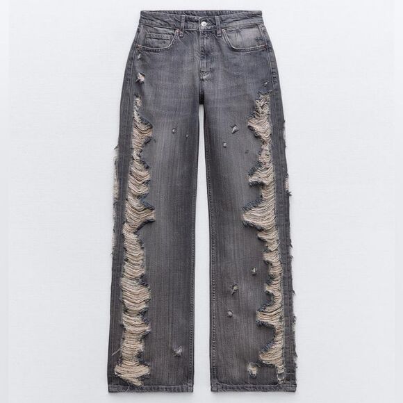 ZARA TRF MID-RISE WIDE LEGβRIPPEDβJEANS - Picture 1 of 6